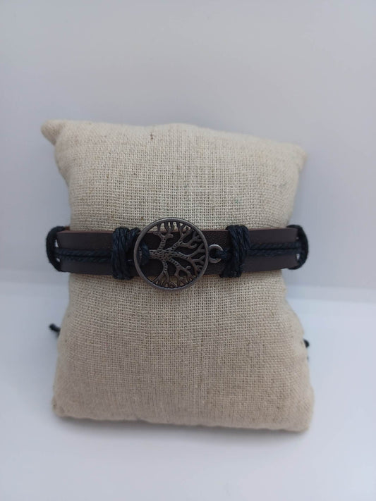 Black Leather Style Bracelet w/ Tree of Life