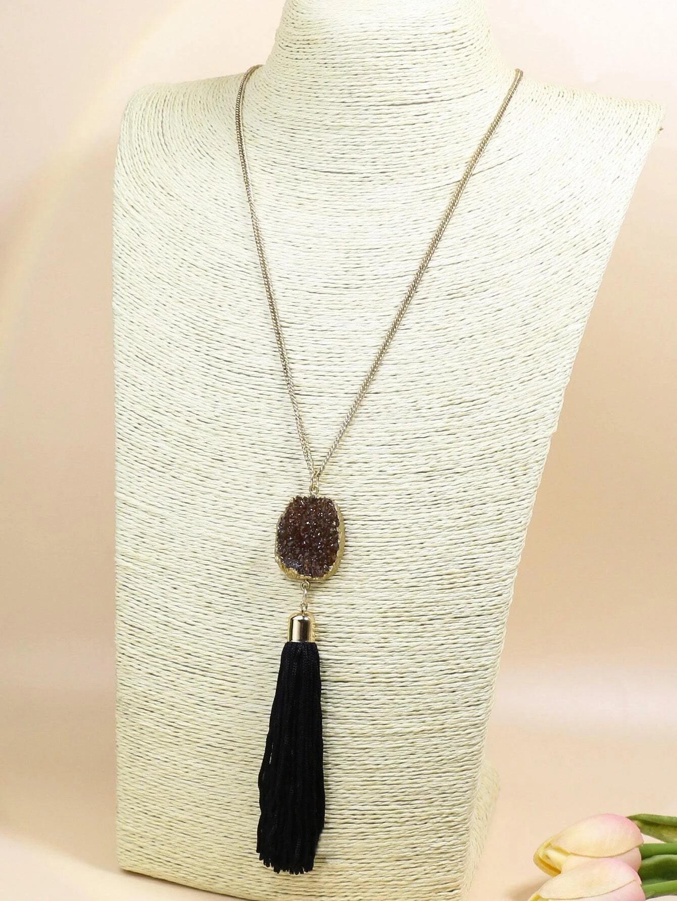 Silver Necklace w/ Black Tassel & Brown Druzy Pendant