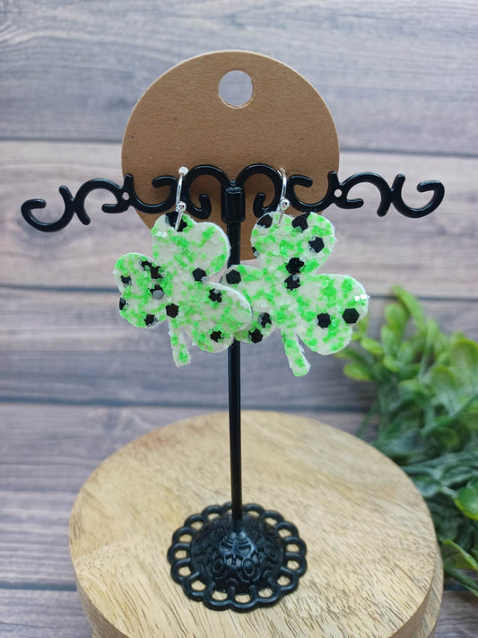 White w/ Black Glitter Mini Shamrock Shaped Earrings