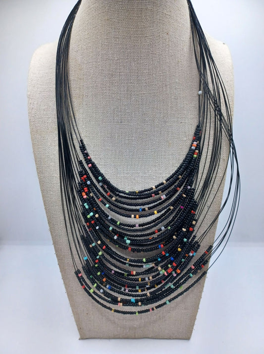Black Seabeaded Necklace w/ Multicolored Beading