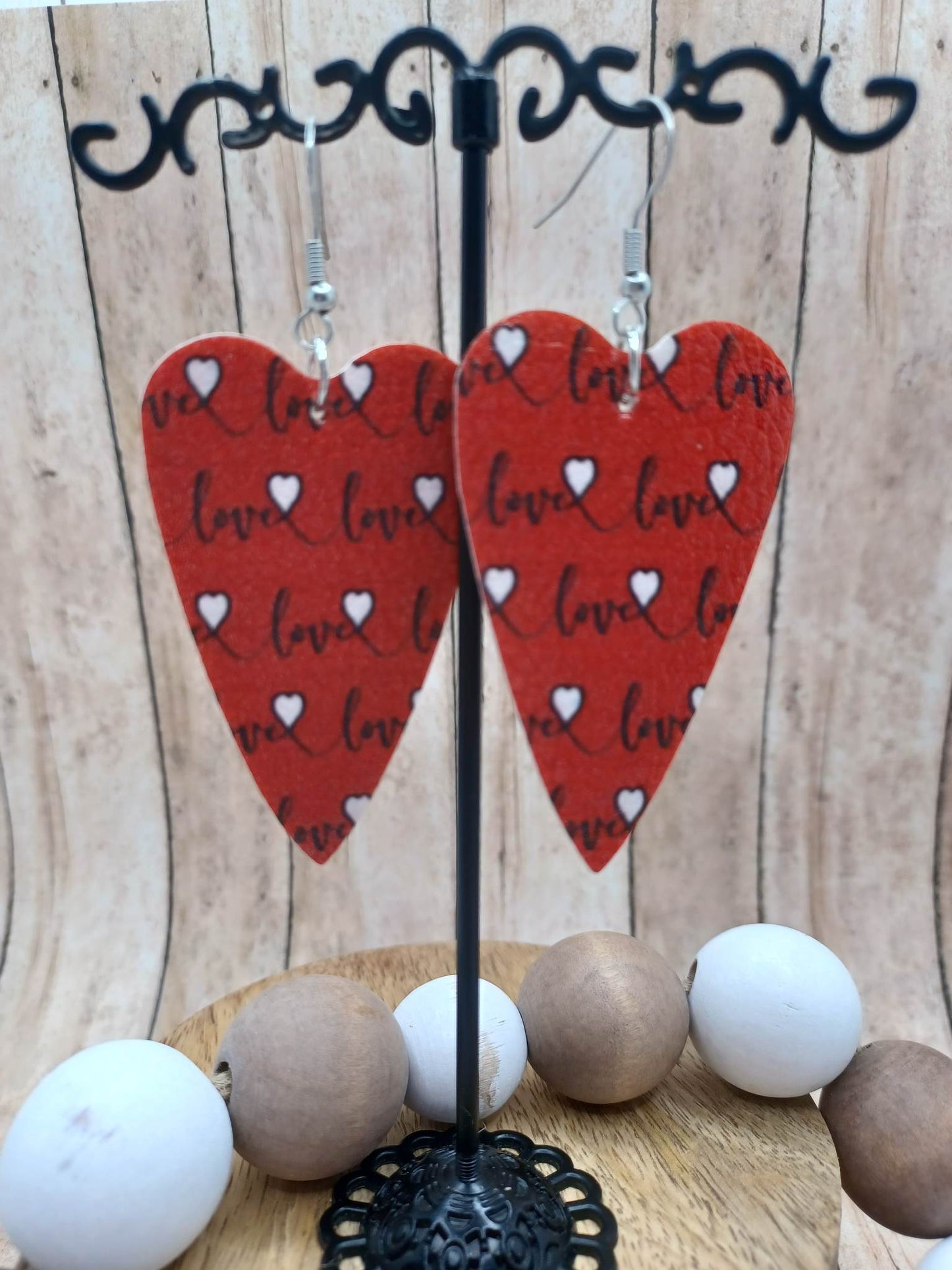 Red Heart Shaped Earrings w/ Love & Hearts