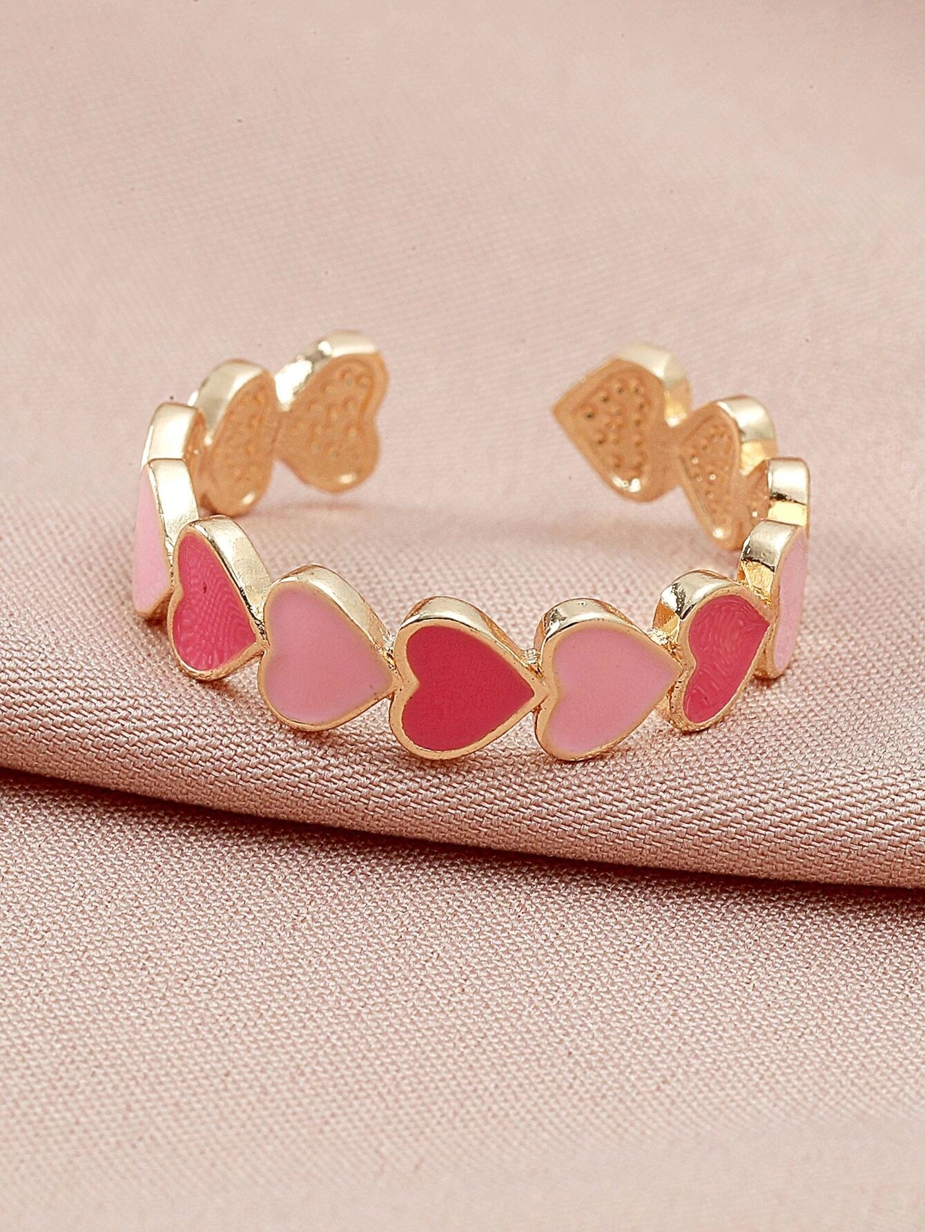 Gold Adjustable Ring w/ Pink Hearts