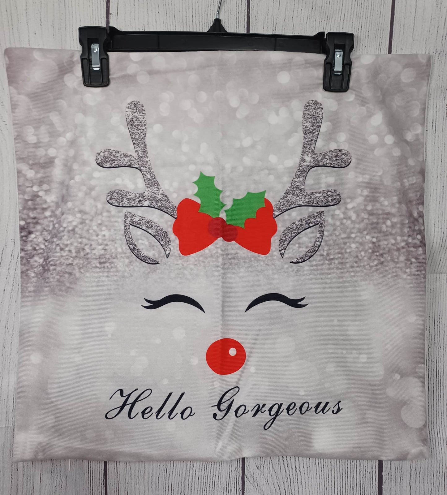 Silver "Hello Gorgeous" Reindeer Pillow Cover