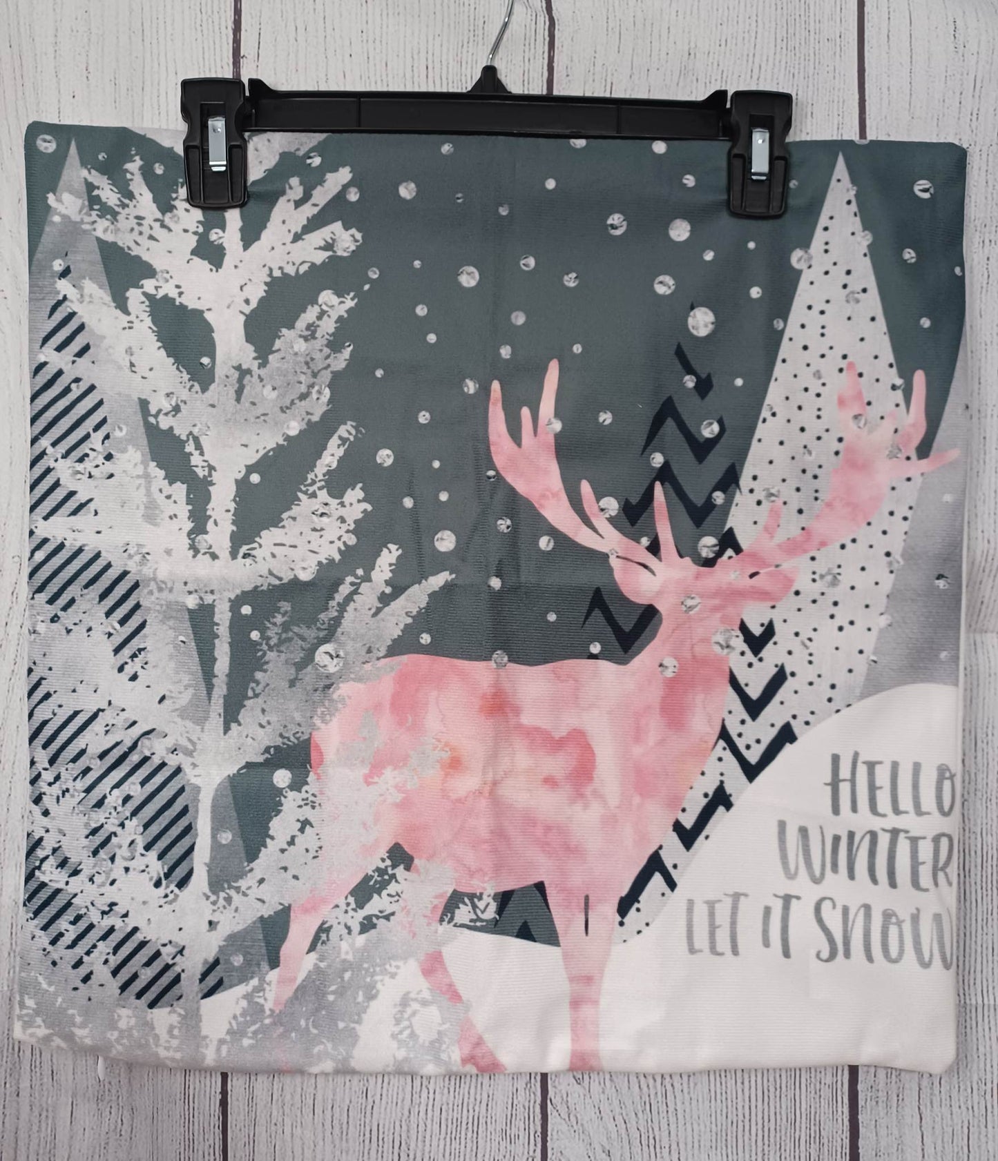 Hello Winter Let It Snow Pink Reindeer Pillow Cover