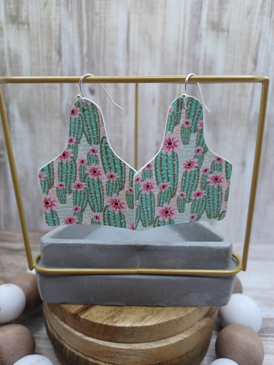 Floral Cactus Cow Tag Shaped Leather Style Earrings