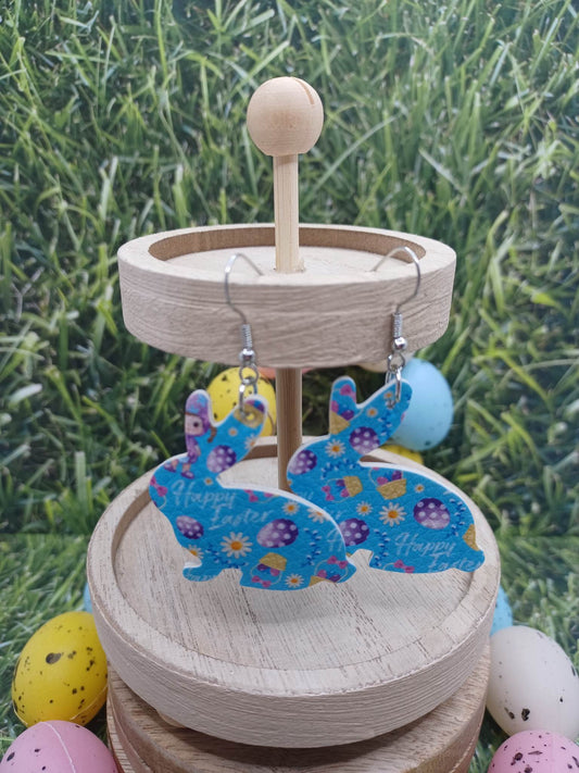 Blue Happy Easter Bunny Cutout Earrings