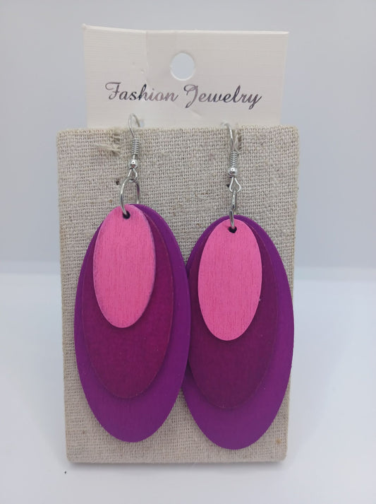 Triple Layered Pink & Purple Wooden Oval Shaped Earrings