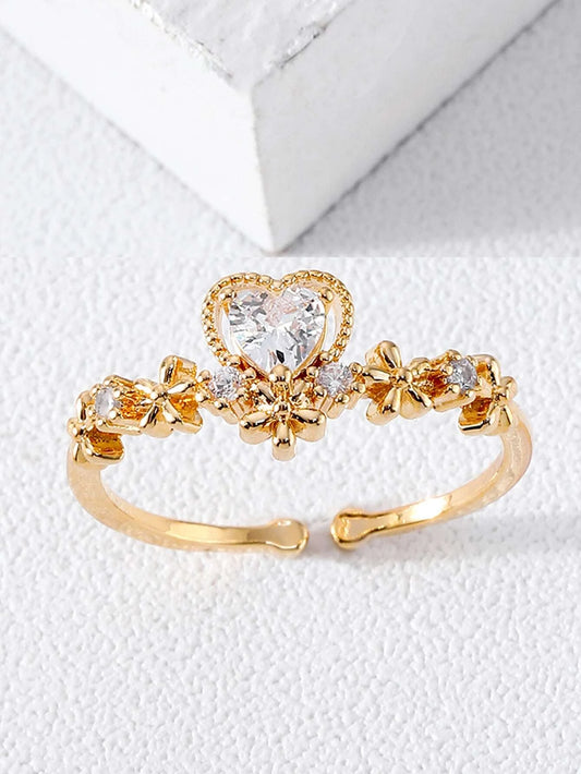 Gold Adjustable Ring w/ White Rhinestone Heart