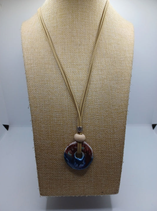 Brown Suede Necklace w/ Red, White, & Blue Marbled Pendant