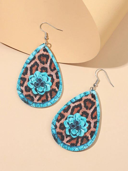 Turquoise Flower w/ Leopard Print Earrings