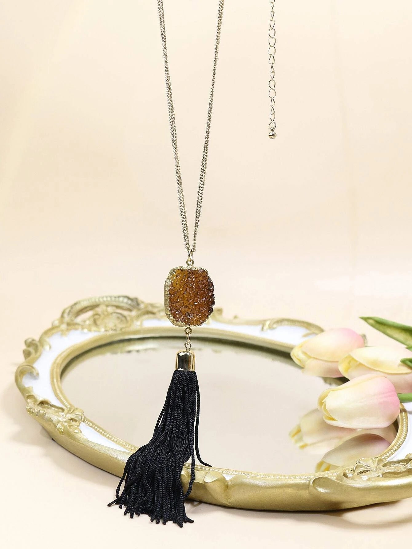 Silver Necklace w/ Black Tassel & Brown Druzy Pendant