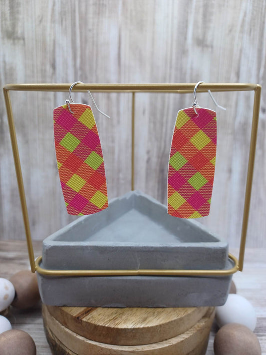Hot Pink, Yellow, & Green Plaid Leather Style Earrings