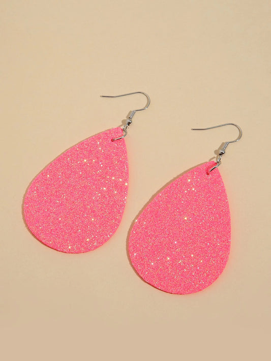 Neon Hot Pink Glitter Tear Drop Earrings