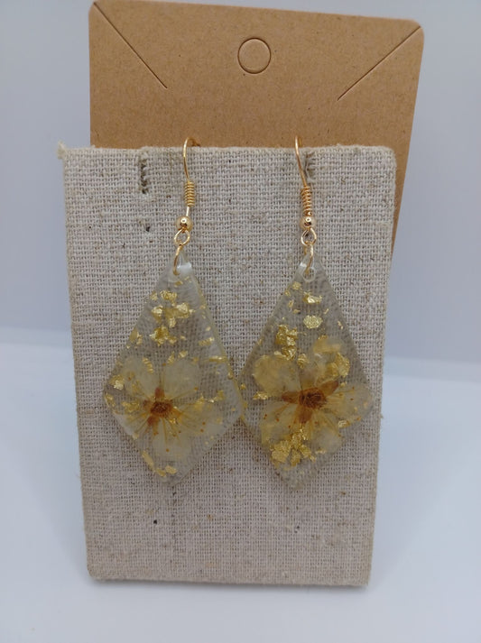 Diamond Shaped Acrylic Earrings w/ Golden Pressed Flowers