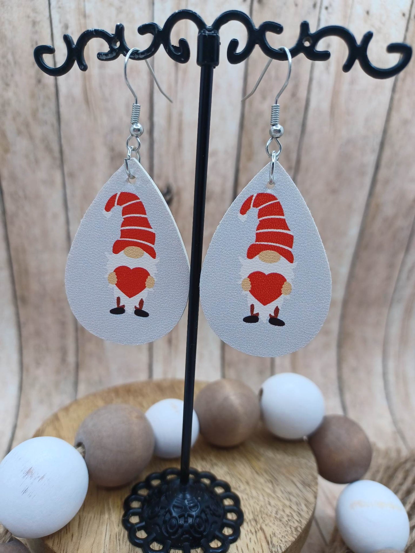 White Leather Style Gnome Holding a Heart Earrings