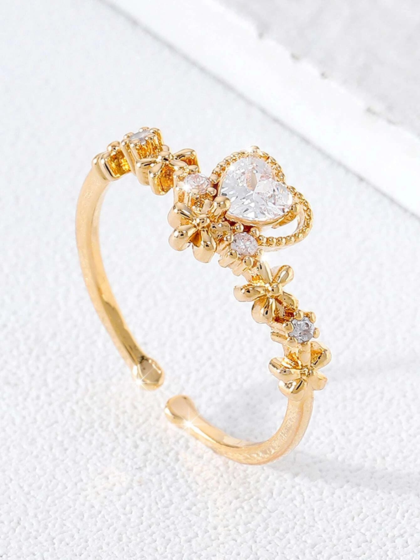 Gold Adjustable Ring w/ White Rhinestone Heart