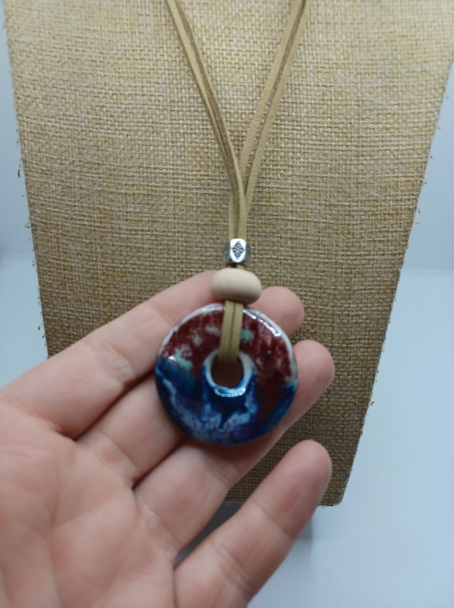 Brown Suede Necklace w/ Red, White, & Blue Marbled Pendant