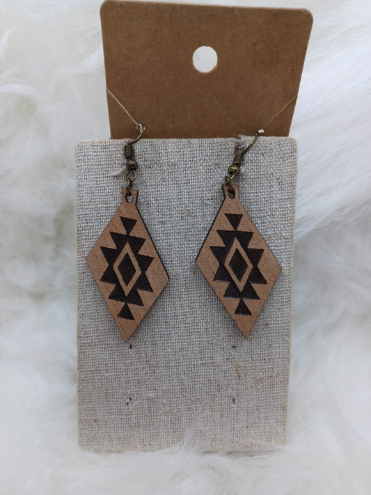 Wooden Aztec Patterned Diamond Shaped Earrings