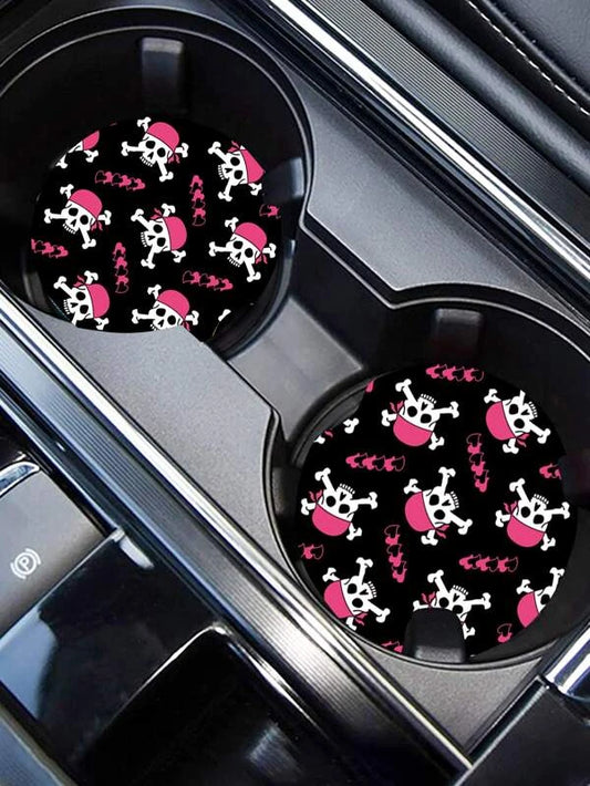Skull w/ Pink Bandana Car Coaster Set