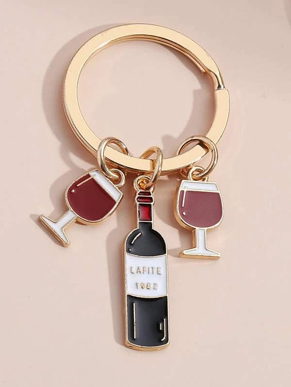 Wine Bottle & 2 Glasses Keychain