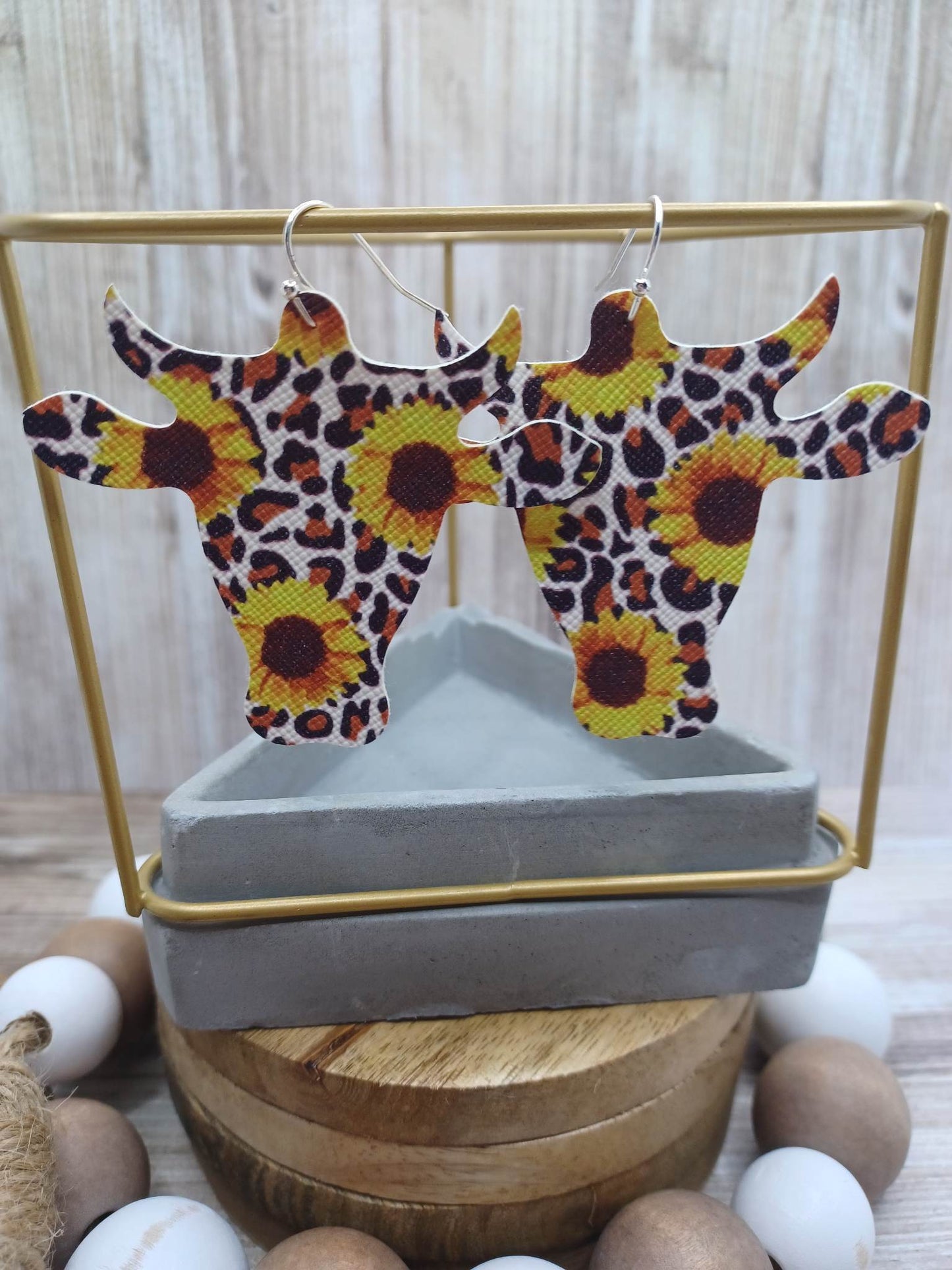 Sunflower Patterned Bull Skull Leather Style Earrings