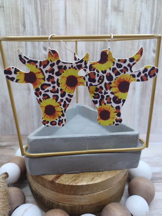 Sunflower Patterned Bull Skull Leather Style Earrings