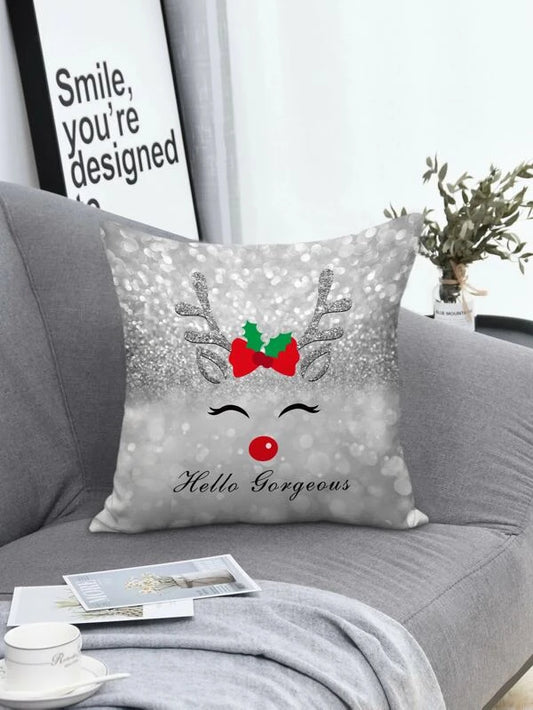 Silver "Hello Gorgeous" Reindeer Pillow Cover