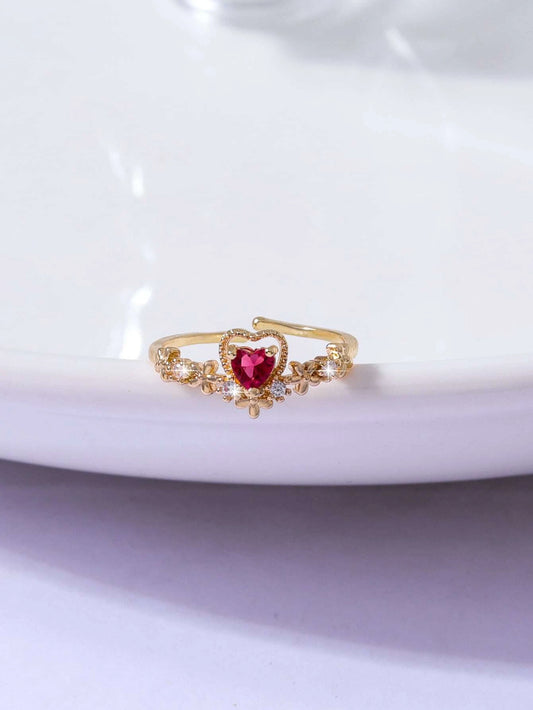 Gold Adjustable Ring w/ Pink Rhinestone Heart