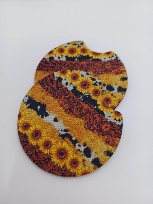 Sunflower, Gold, & Cow Print Car Coaster Set