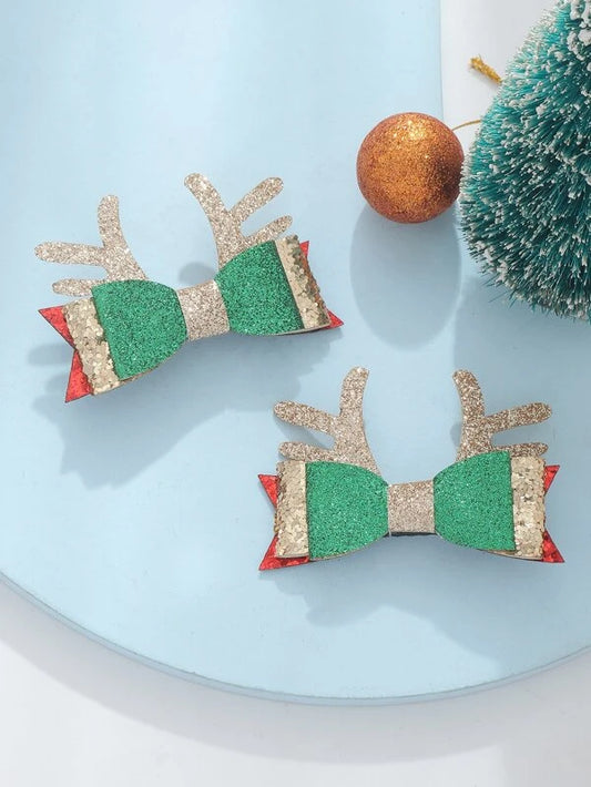 Green, Gold, & Red Reindeer Antler Hair Clip Set