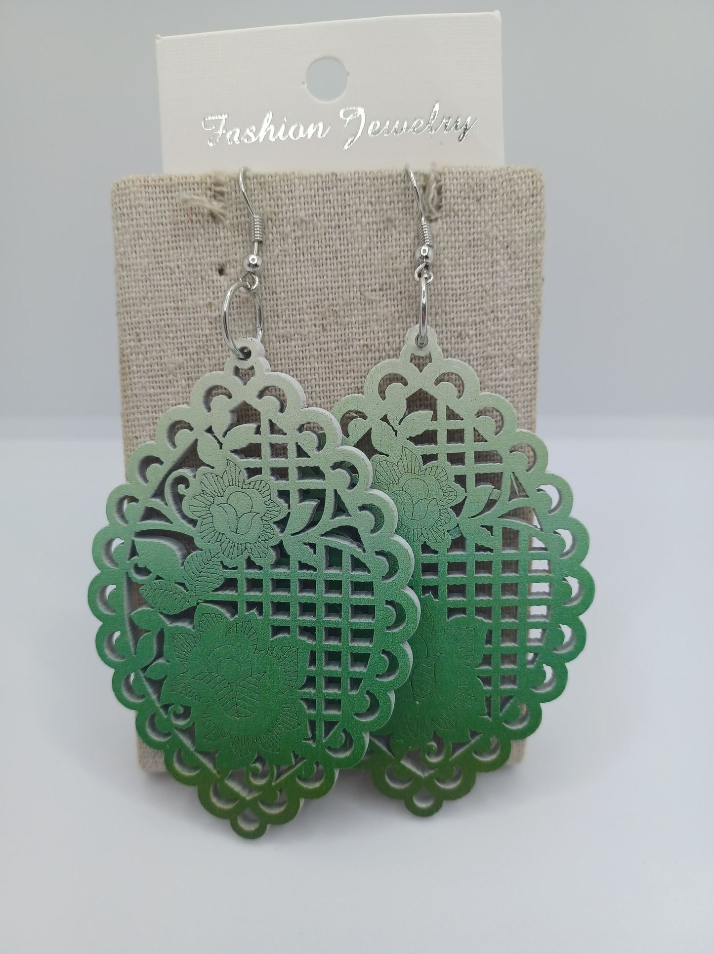 White to Green Ombre Cutout Wooden Earrings w/ Floral Pattern