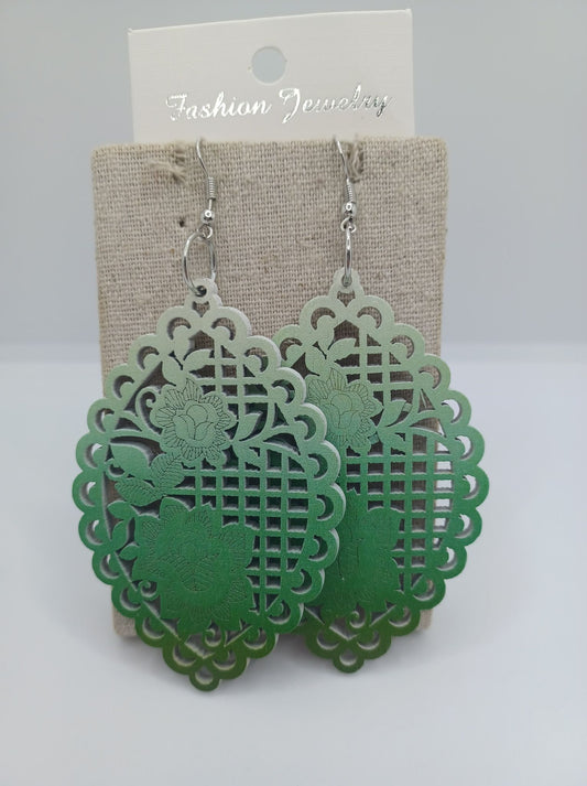 White to Green Ombre Cutout Wooden Earrings w/ Floral Pattern