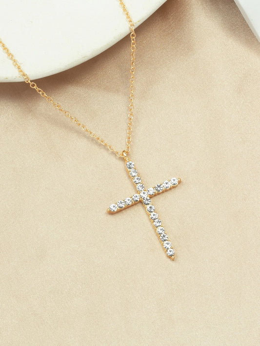 Gold Cross Necklace w/ Rhinestones