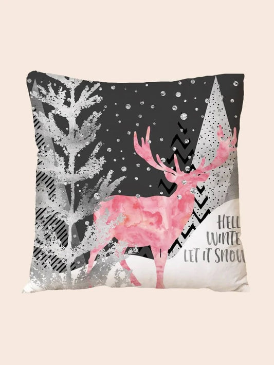 Hello Winter Let It Snow Pink Reindeer Pillow Cover