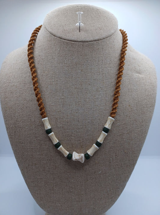 Brown Rope Style Necklace w/ White & Green Beading