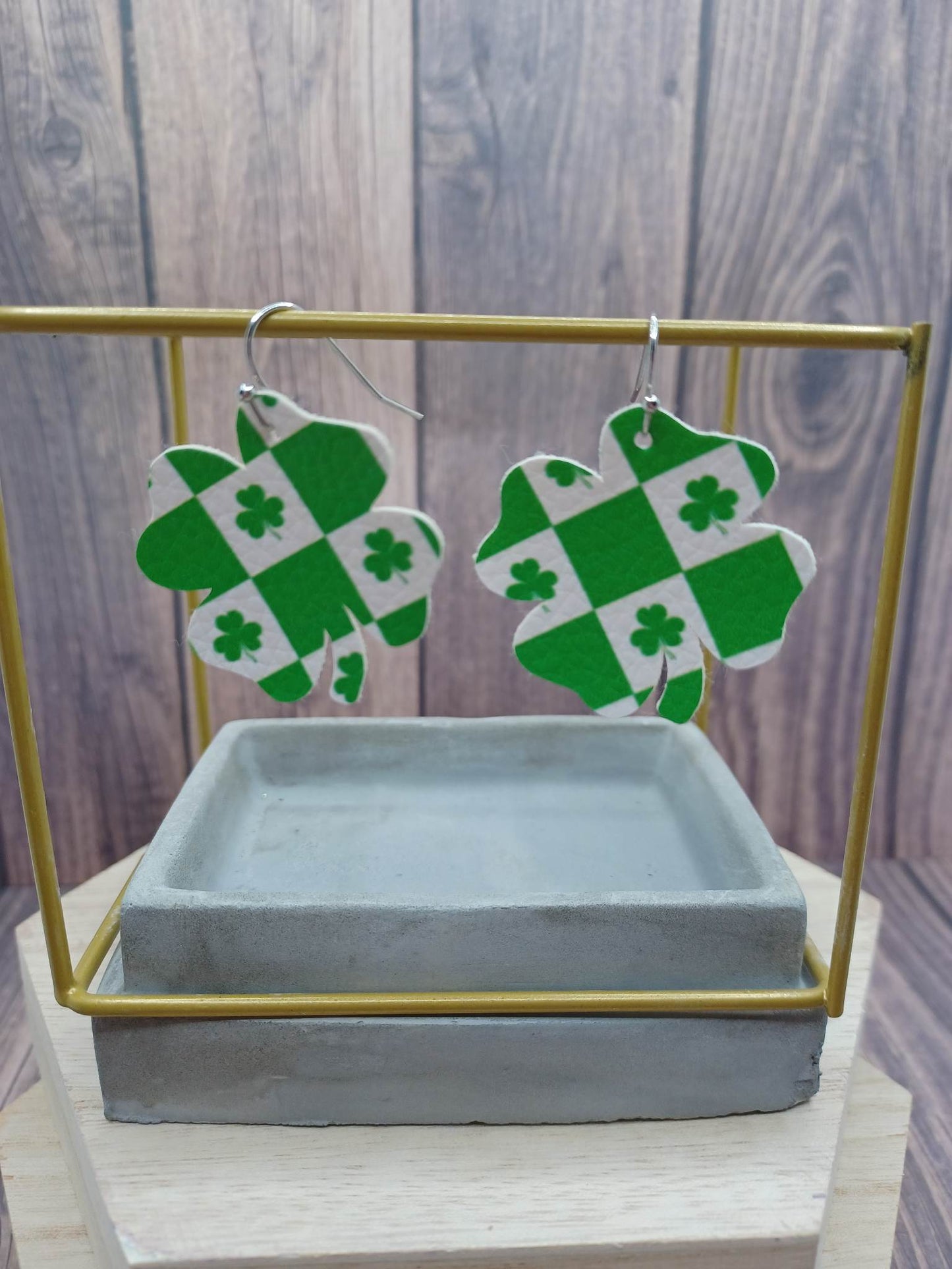 White & Green Shamrock Shaped & Patterned Earrings