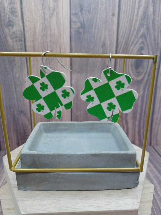 White & Green Shamrock Shaped & Patterned Earrings
