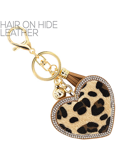 Faux Fur Leopard Heart Keychain w/ Rhinestone Accents