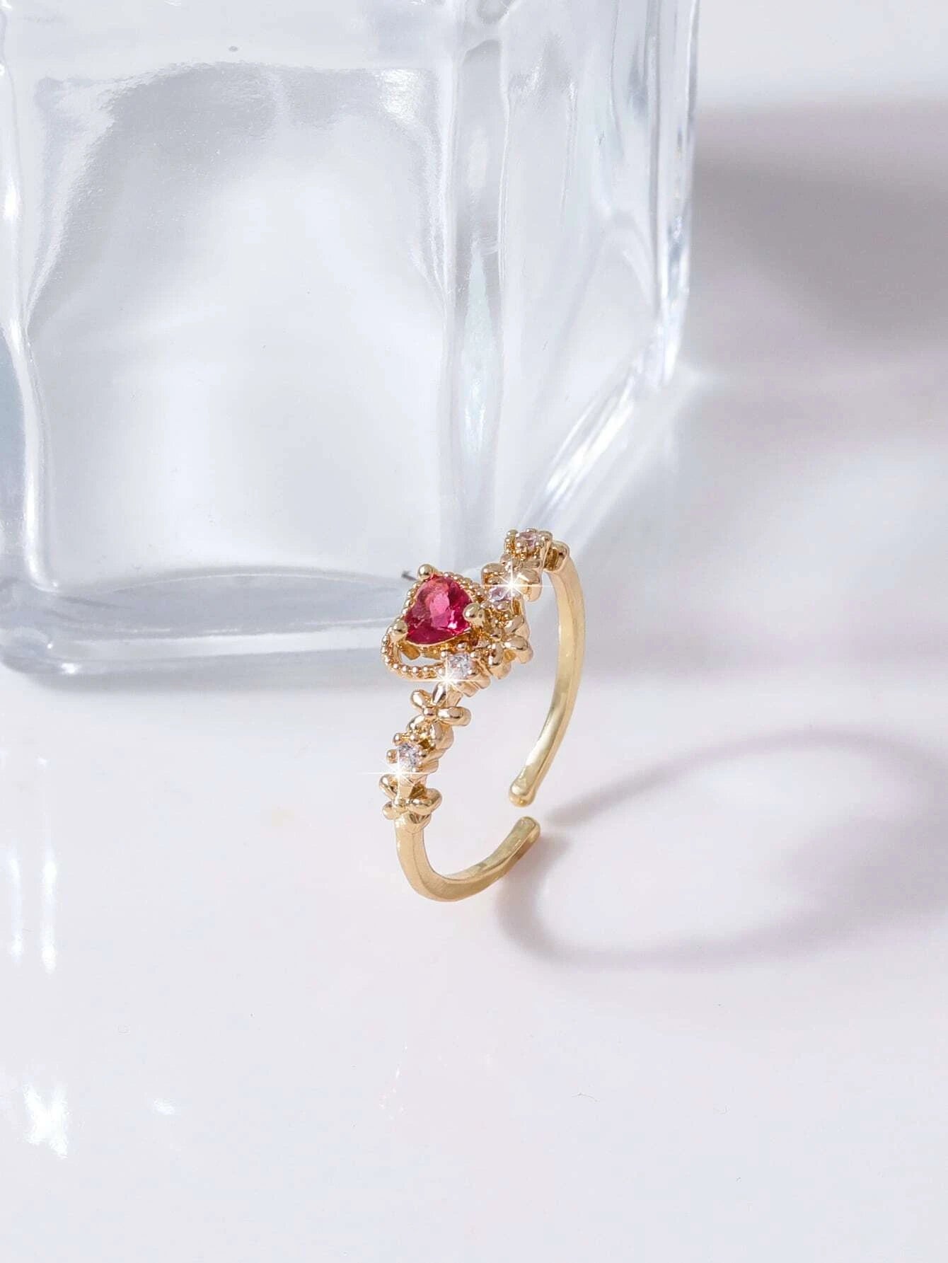 Gold Adjustable Ring w/ Pink Rhinestone Heart
