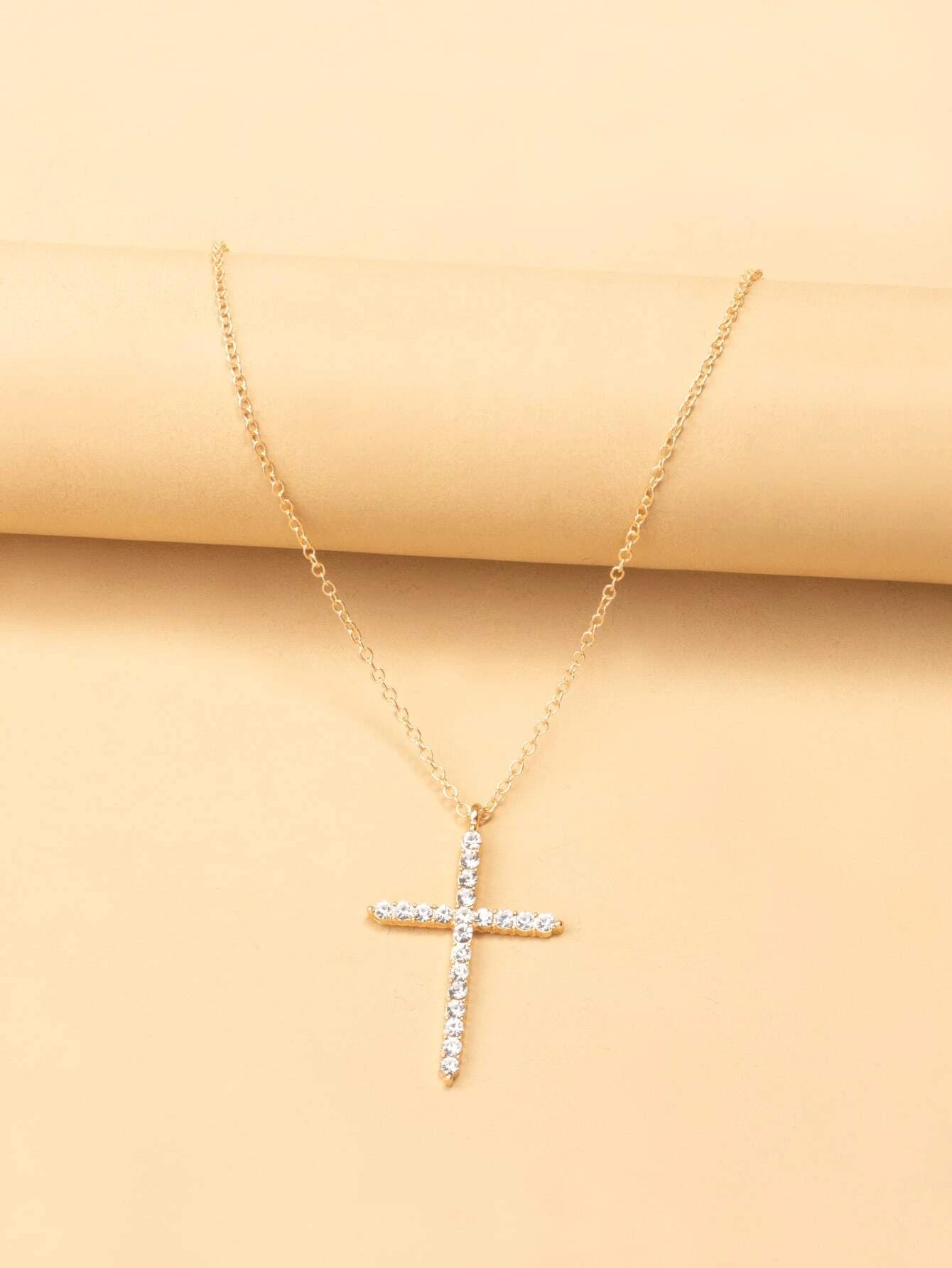 Gold Cross Necklace w/ Rhinestones