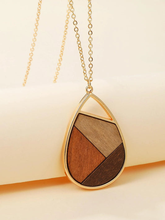 Gold Necklace w/ Wooden Color Blocked Pendant