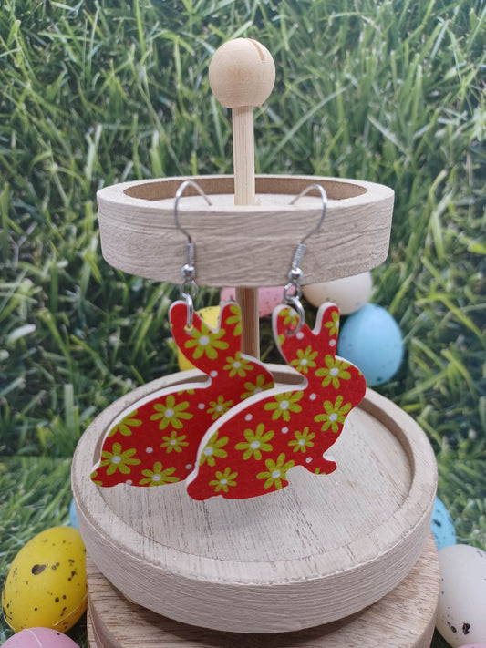 Red Floral Easter Bunny Cutout Earrings