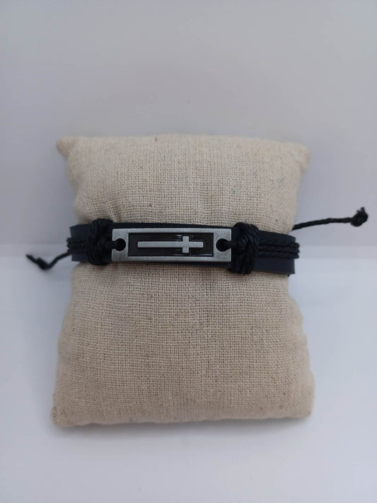 Black Leather Style Bracelet w/ Cross
