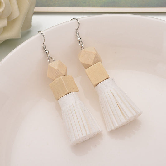 Wooden Tassel Style Earrings - White