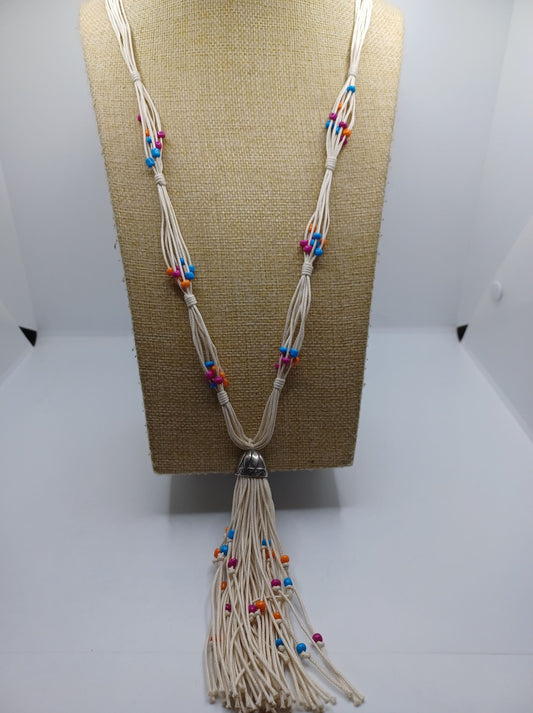White Twine Style Necklace w/ Multiolored Beading