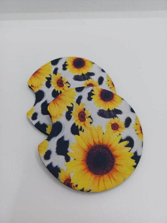 Sunflower Cow Print Car Coaster Set