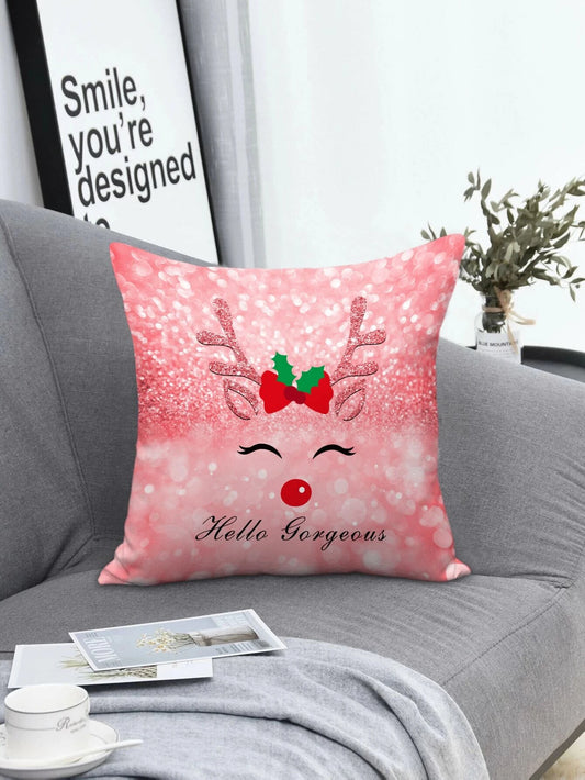 Pink "Hello Gorgeous" Reindeer Pillow Cover