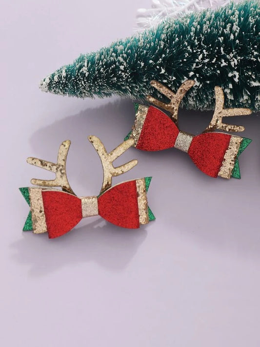 Red, Gold, & Green Antler Hair Clip Set