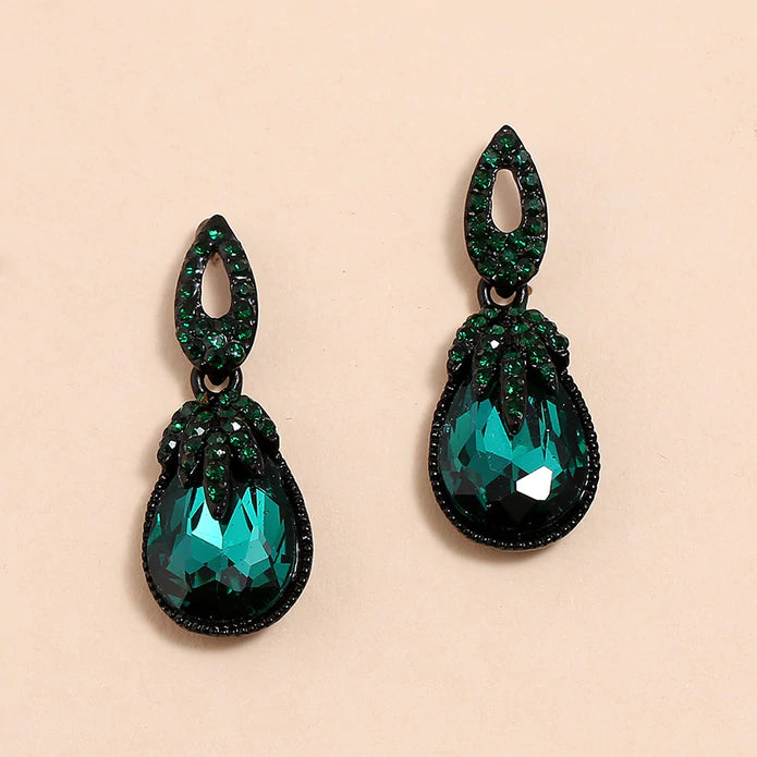 Gunmetal w/ Emerald Style Rhinestone Earrings