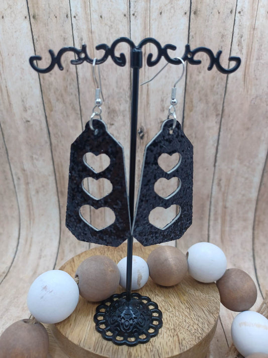 Black Glitter heart Cutout Earrings